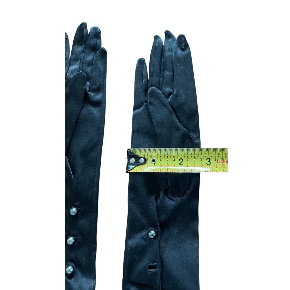 Vtg 1950s Macys Whitney Mousquetaire Opera Gloves Black Satin Mid Century Italy
